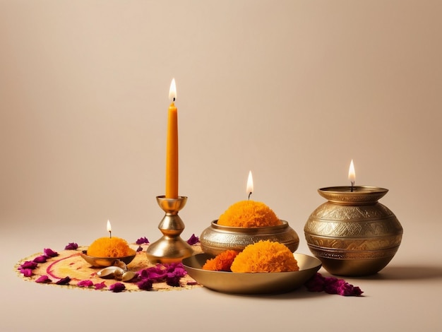 A plate full of Indian sweet an illuminated oil lamps and a gift box A biggest festival Diwali