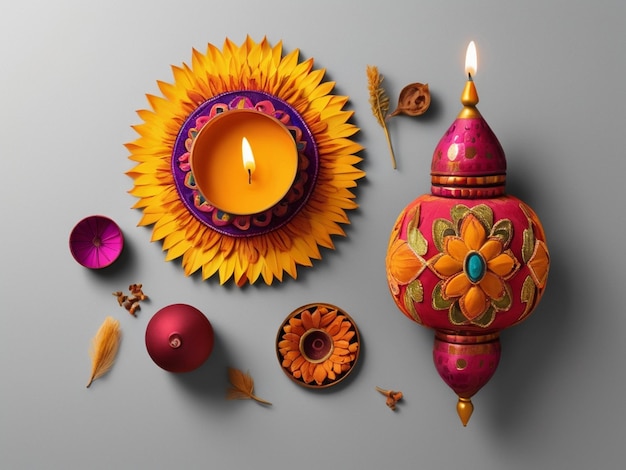 Photo a plate full of indian sweet an illuminated oil lamps and a gift box a biggest festival diwali