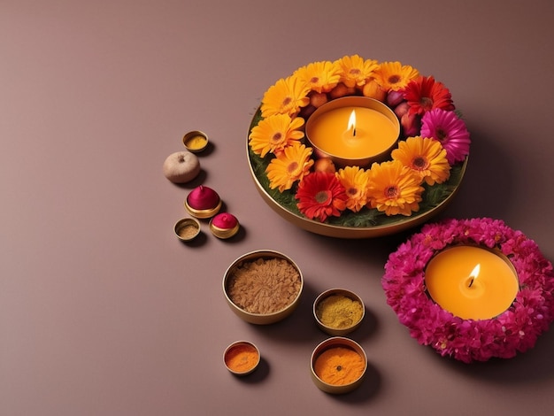 A plate full of Indian sweet an illuminated oil lamps and a gift box A biggest festival Diwali