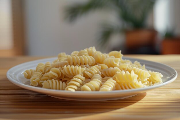 Plate of fusilli pasta on a wooden table