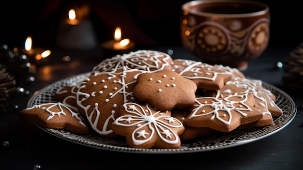 A plate of gingerbread cookies with a cup of tea on the table