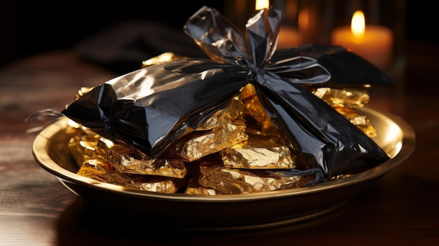 Plate of Gold Foil Wrapped in Bow