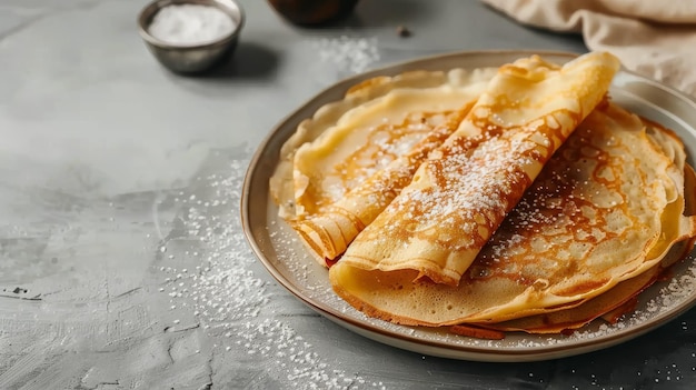 Photo a plate of golden brown crepes dusted with powdered sugar