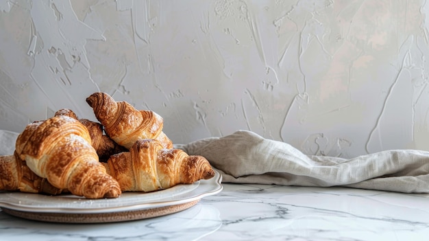 Photo a plate of golden brown croissants on a white marble table with a linen cloth draped to the sid