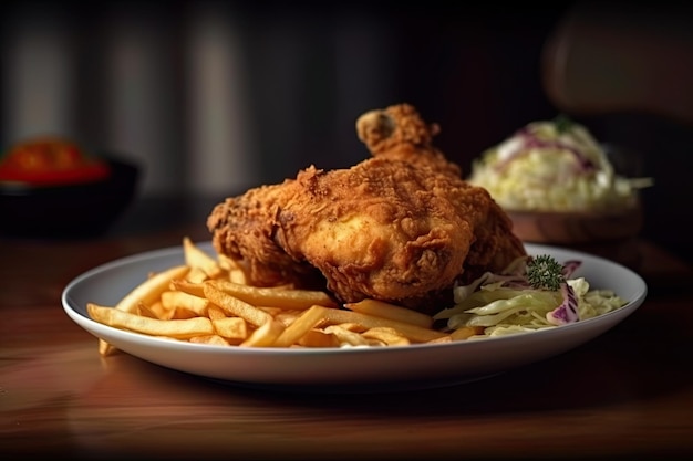 A plate of golden brown fried chicken served with crispy French fries and potato