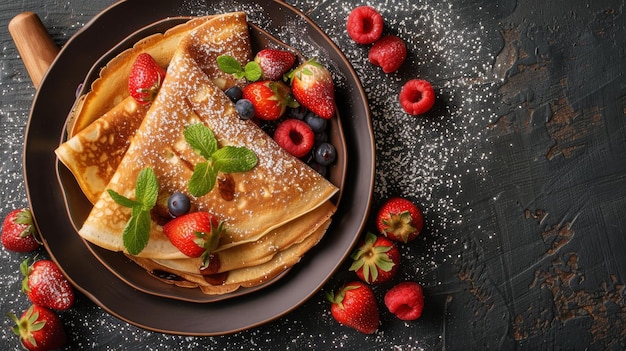 Photo a plate of golden crepes topped with berries mint leaves and chocolate syrup on a dark background