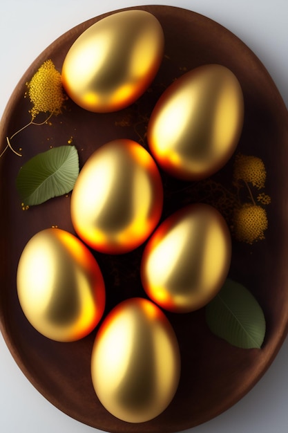 A plate of golden eggs with leaves on it