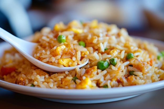 A plate of golden fried rice with a spoon scooped up with a white spoon