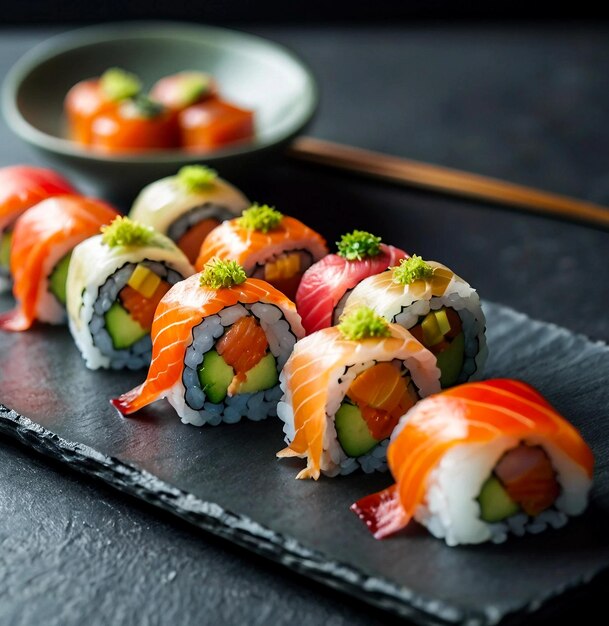 A PLATE OF GOURMET SUSHI ROLLS