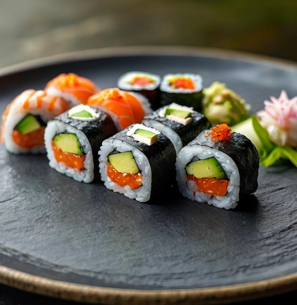 A PLATE OF GOURMET SUSHI ROLLS