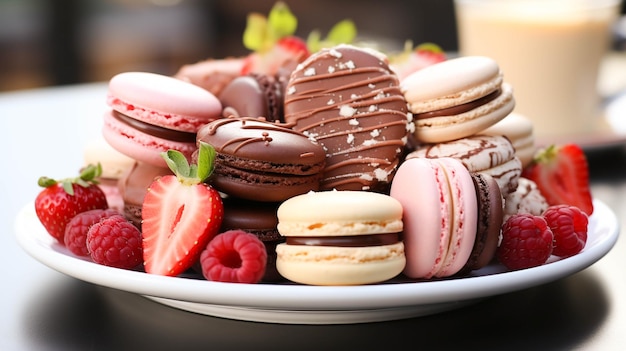 A plate of gourmet sweet food close up on white background