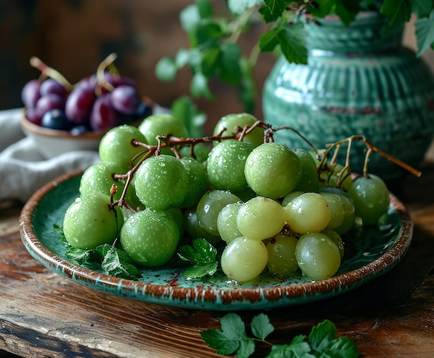 Plate of Grapes on Table Next to Potted Plant A plate filled with juicy grapes sits on a table next to a vibrant potted plant