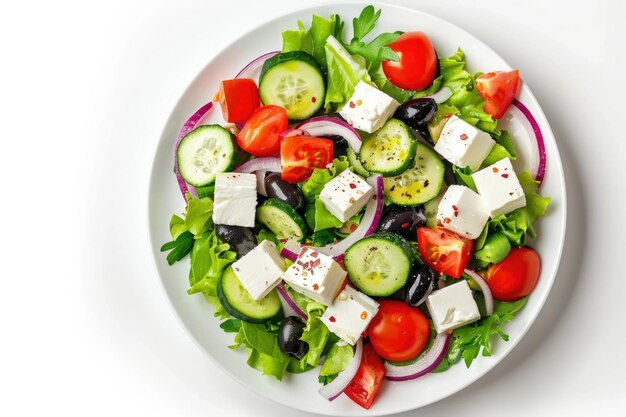 A plate of Greek salad on a white background Top view The concept of proper nutrition