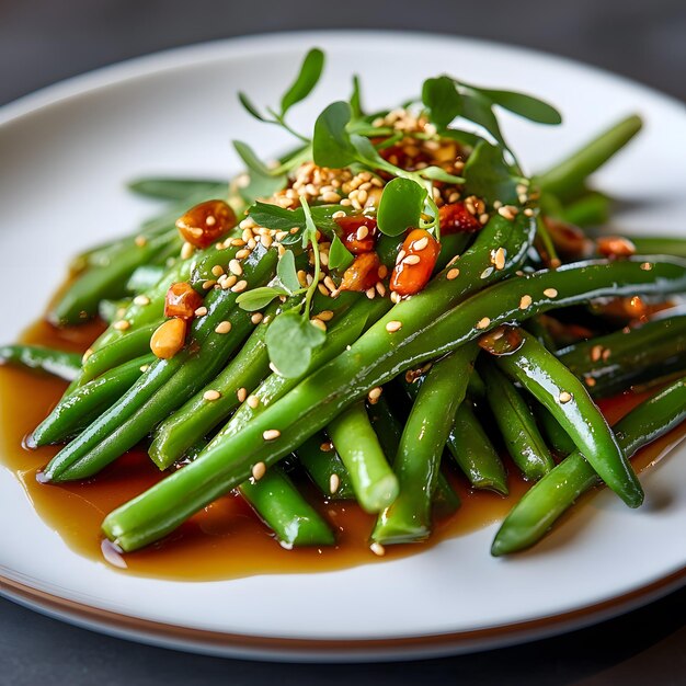 Photo a plate of green beans and a brown sauce with seasoning on the side