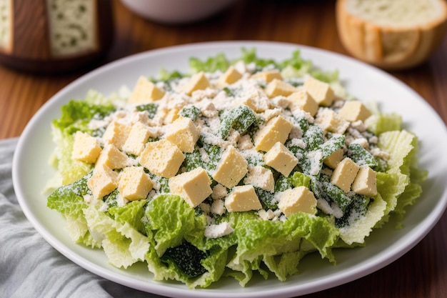 A plate of green salad with cheese and broccoli on it.