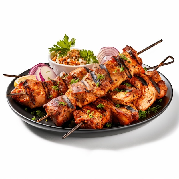 A plate of grill chicken skewers