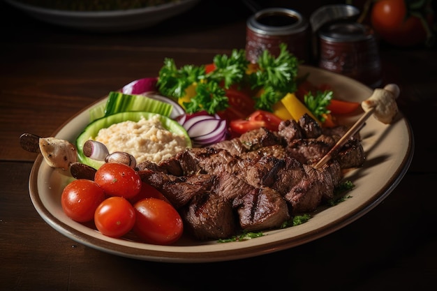 Plate of grilled beef shishkabob served with chopped vegetables and hummus