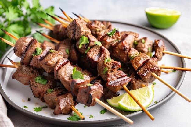 Plate of grilled beef shishkabob topped with fresh cilantro and lime