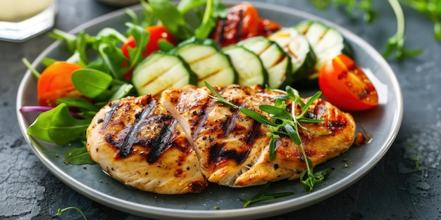 A plate of grilled chicken breast with steamed vegetables representing a balanced diet