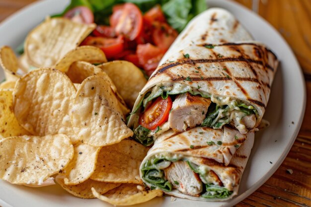 Photo a plate of grilled chicken caesar wrap with a side of chips copy space for text