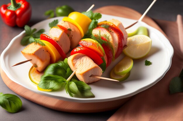 A plate of grilled chicken skewers with vegetables on it