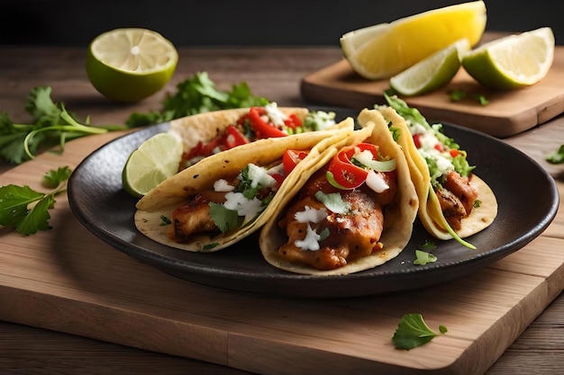 A plate of grilled chicken tacos with limes on the side.