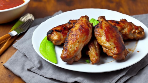 A plate of grilled chicken wings with green beans on the side.