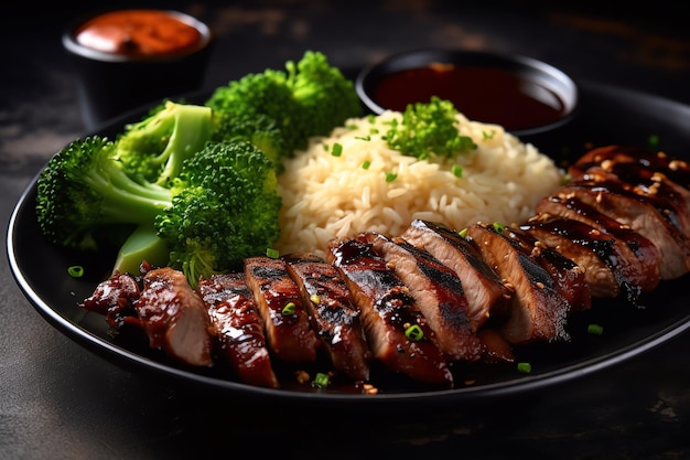 A plate of grilled chicken with broccoli and rice