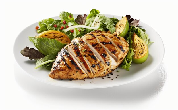 A plate of grilled chicken with a salad and avocado.