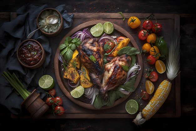 A plate of grilled chicken with a variety of ingredients including lemon, lime, and basil.