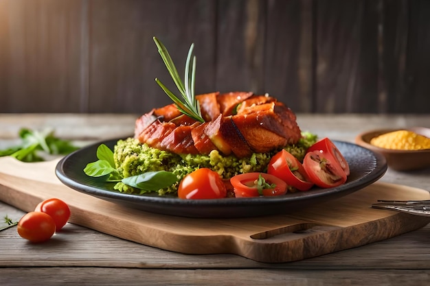 A plate of grilled chicken with vegetables and tomatoes on a wooden table.