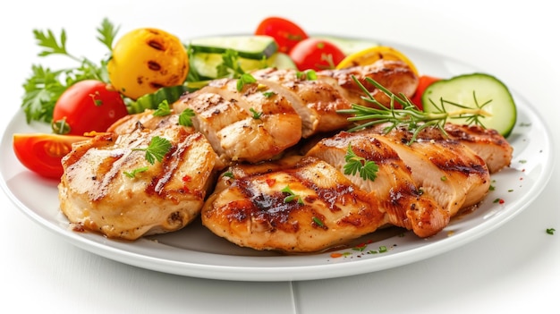 Plate of grilled chicken with vegetables on top