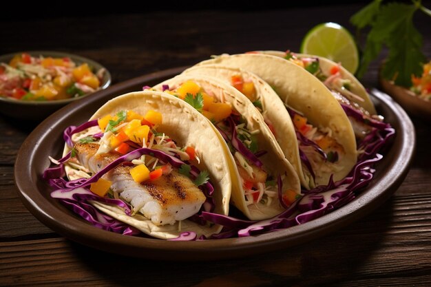 Plate of grilled fish tacos with mango salsa and cabbage slaw