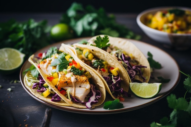 Plate of grilled fish tacos with mango salsa and cabbage slaw