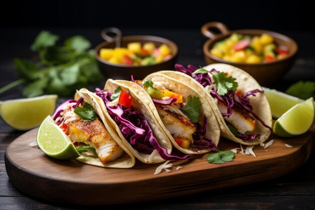 Plate of grilled fish tacos with mango salsa and cabbage slaw