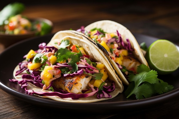 Plate of grilled fish tacos with mango salsa and cabbage slaw