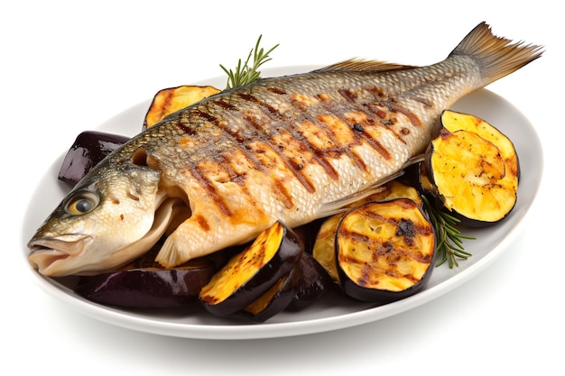 A plate of grilled fish with grilled vegetables.