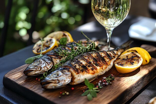 Photo a plate of grilled fish with lemon and lemon on it