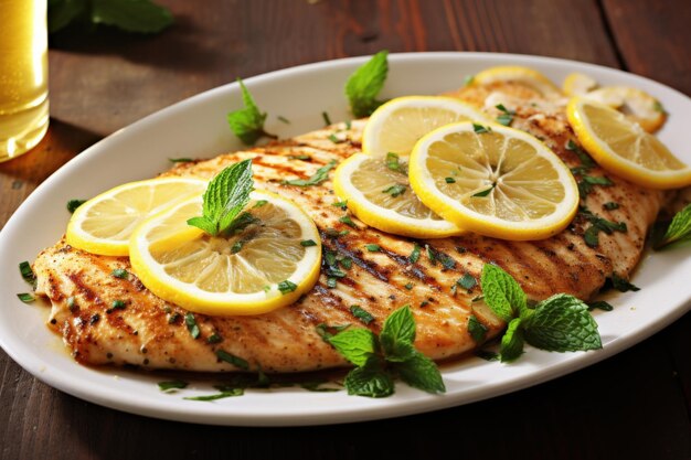 Photo a plate of grilled fish with lemon slices and mint leaves