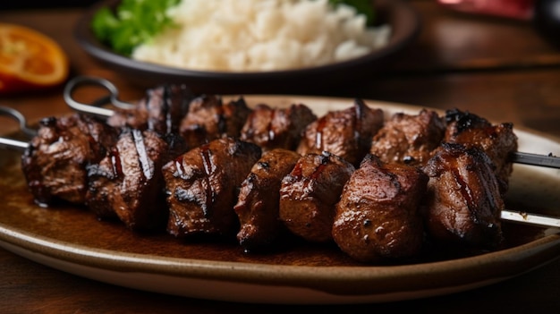 A plate of grilled meat with rice and green vegetables