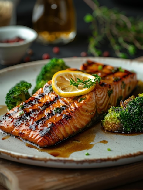 a plate of grilled salmon with lemon and broccoli