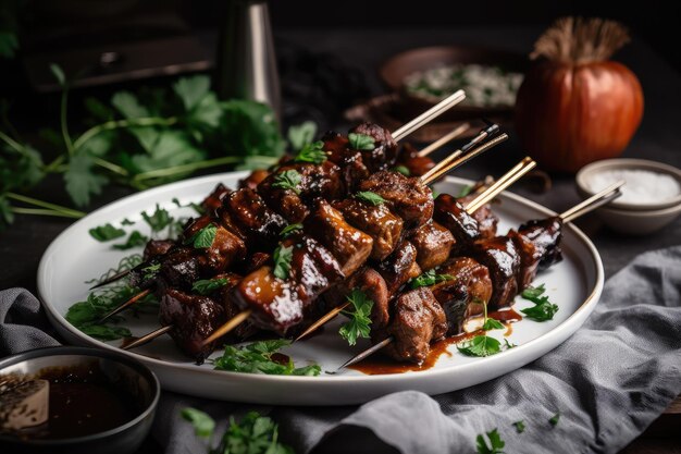 Plate of grilled shiskabob topped with fresh herbs and drizzle of bbq sauce