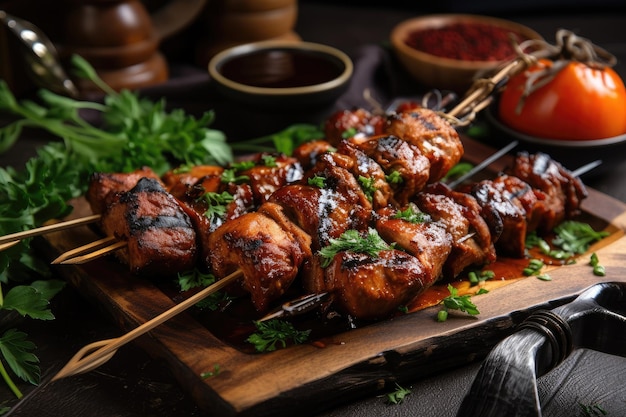 Plate of grilled shiskabob topped with fresh herbs and drizzle of bbq sauce