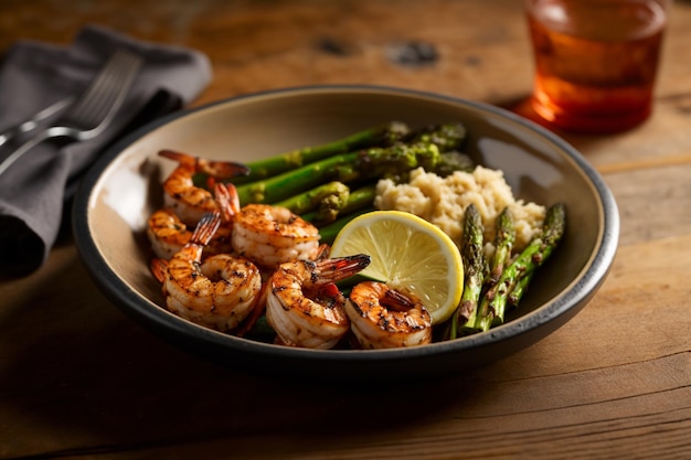 A plate of grilled shrimp with asparagus and lemon wedges.