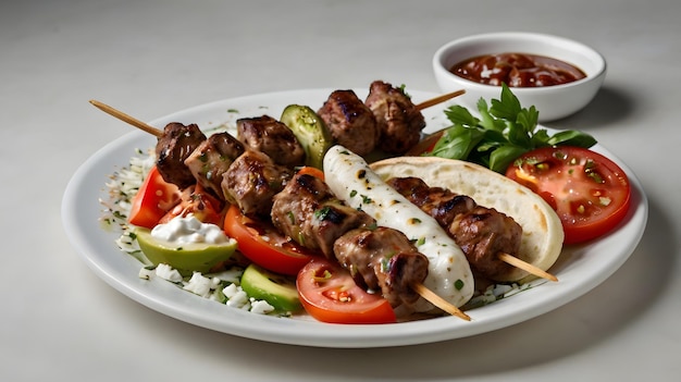 Photo a plate of grilled skewers souvlaki food including kebab tomato and lettuce