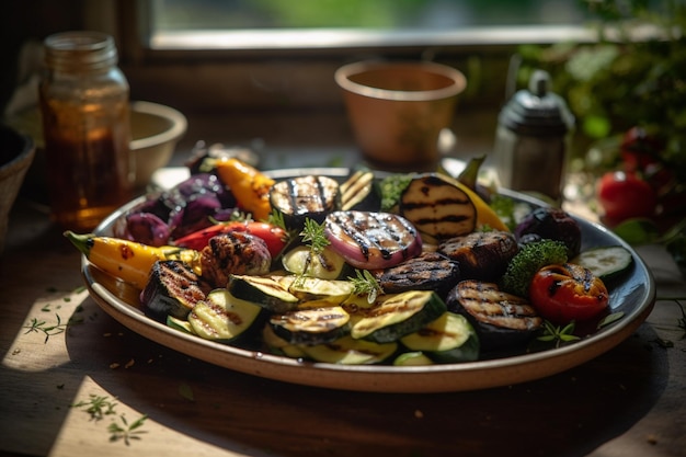 A plate of grilled vegetables with a bottle of olive oil on the side