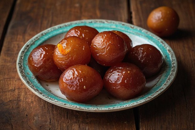 A plate of gulab jamuns with a rustic wooden backgrou