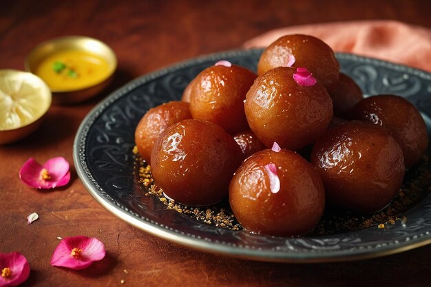 Photo a plate of gulab jamuns with a touch of rose essence