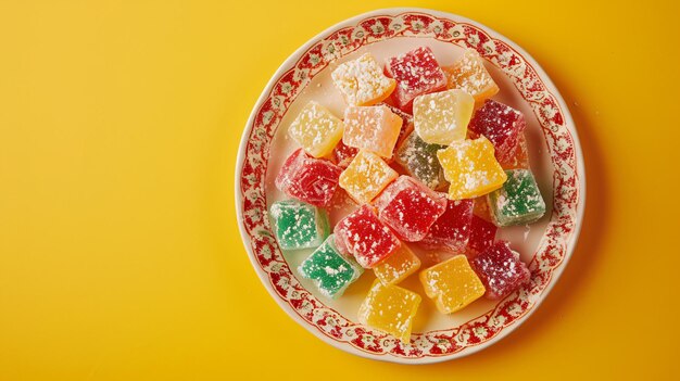 a plate of gummy bears are on a yellow table