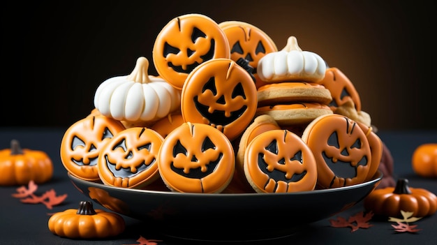 Plate Halloween Cookies On Blue Background Background HD Illustrations